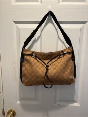 Gucci Tan Monogram Canvas Shoulder Bag with Dark Brown Trim